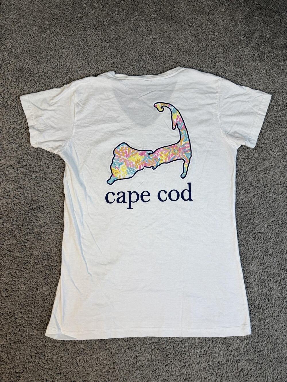 Cuffy's Shirt Womens L White V-Neck Cape Cod Graphic 100% Cotton Jersey